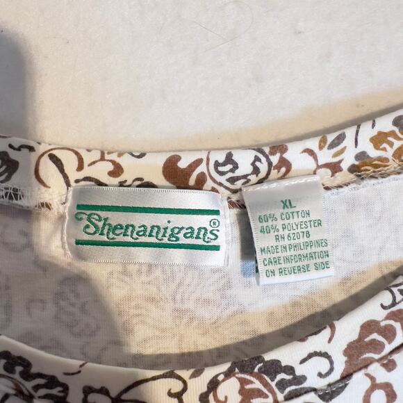 Shenanigans Shirt Woman's XL Floral Crew Neck 3/4 Sleeves Browns & White Fall - Picture 2 of 12